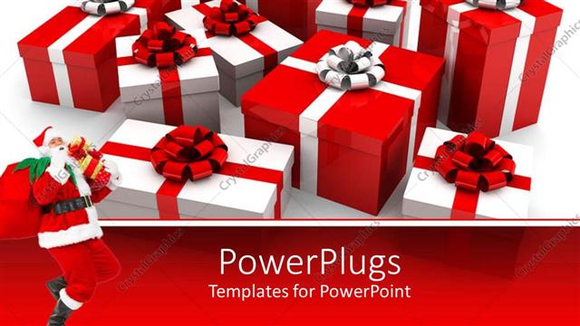 Presentation with santa - Red and white Christmas gifts behind Santa Claus
