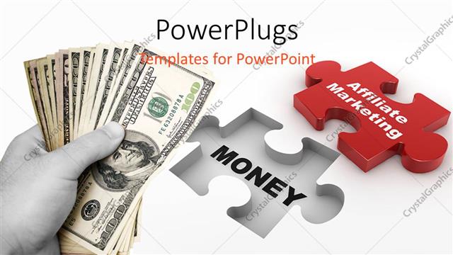  Presentation with affiliate marketing - Red and white puzzle with a hand holding dollar bills