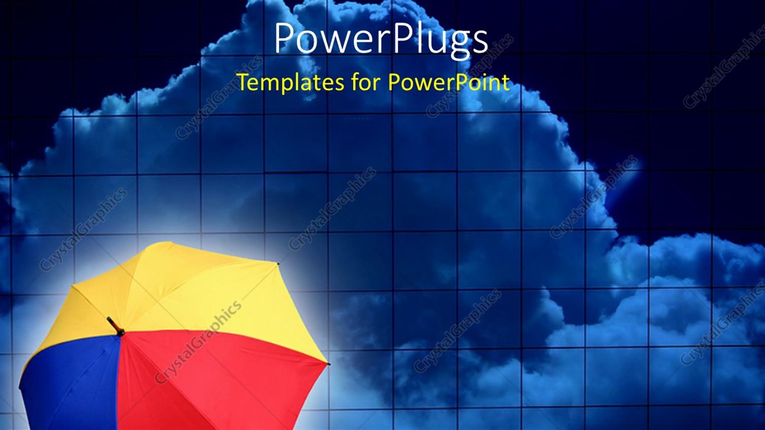 Featuring Red, Yellow, Blue Open Umbrella Resting on Floor with Clouds in Background