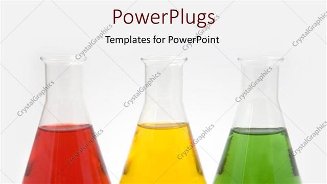  Presentation with green science - Red, yellow, and green liquids in flasks