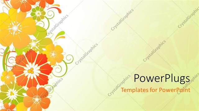  Presentation with orange green white - Red, yellow, orange, and green flowers on plain off white background