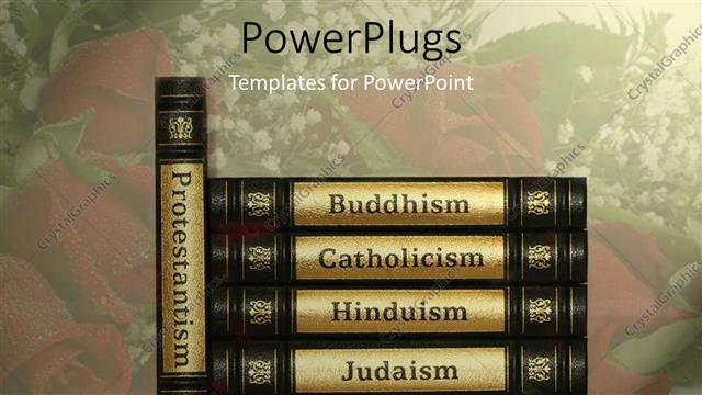  Presentation with islam - Religion books with black and golden covers, protestantism, buddhism, catholicism, hinduism, judaism and islam