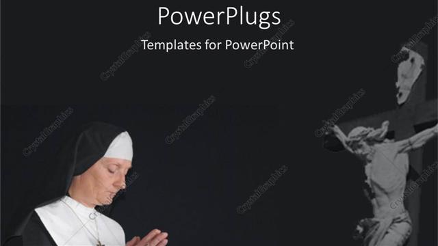  Presentation with nun - Religious depiction with nun praying and Jesus on cross over grey background