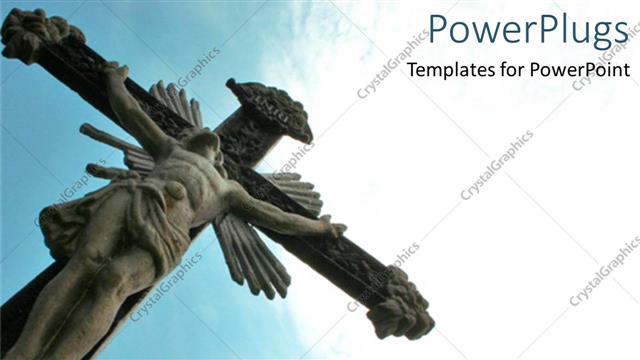  Presentation with crucifixion - Religious depiction with statue of Jesus Christ crucifixion over blue sky