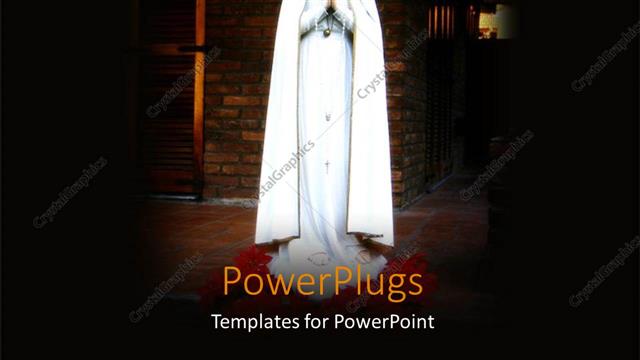  Presentation with brick - Religious statue of virgin Mary with spotlight and brick wall