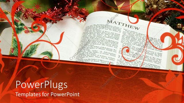  Presentation with design - Religious theme for Christmas with Bible opened on Matthew and Christmas present with abstract design over the depiction