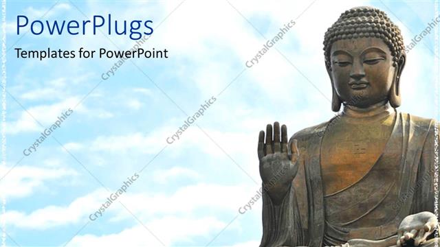  Presentation with religion - Religious theme depicting statue of Buddha over bright blue sky background