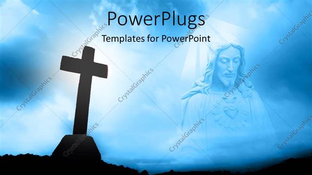  Presentation with jesus cross - Religious theme with silhouette of cross near water and Jesus Christ on blue sky