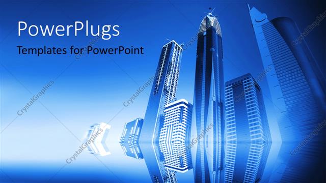  Presentation with urban buildings - Representation of high buildings, blue skyscrapers, city buildings, urban depiction on gradient blue background