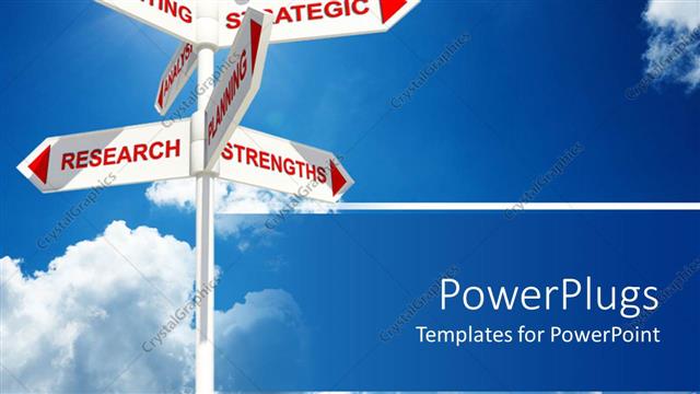  Presentation with marketing - A road sign with marketing strategic research strengths planning pointing in every direction