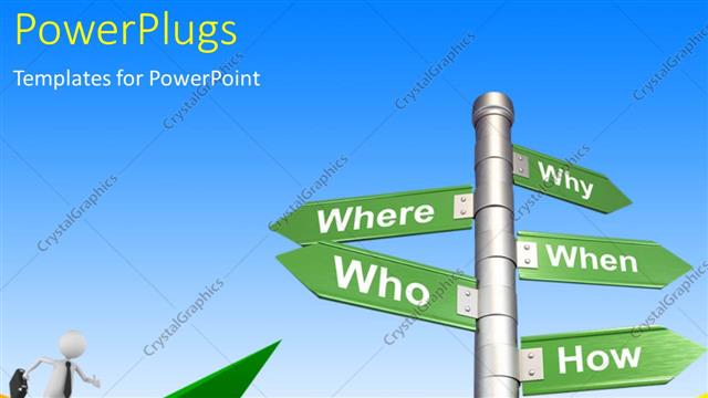  Presentation with questions - Road sign with various questions - where, who, why, when, how and what