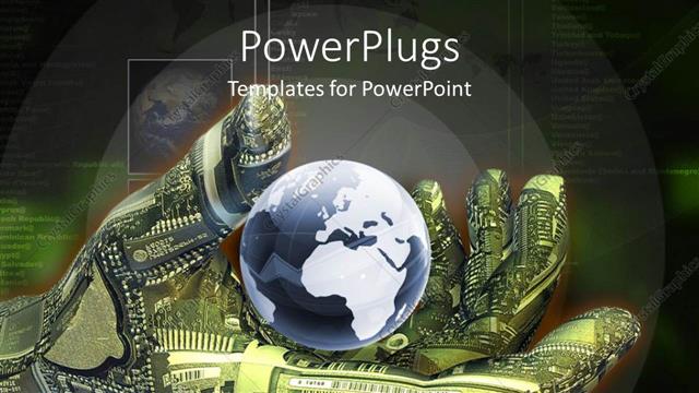  Presentation with black technology - Robotic hand holding globe in palm as a metaphor questioning technology on black background