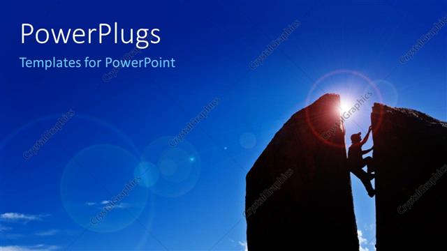  Presentation with summit - Rock climber squeezes his body between a gap in the summit of a split spire with lens flare