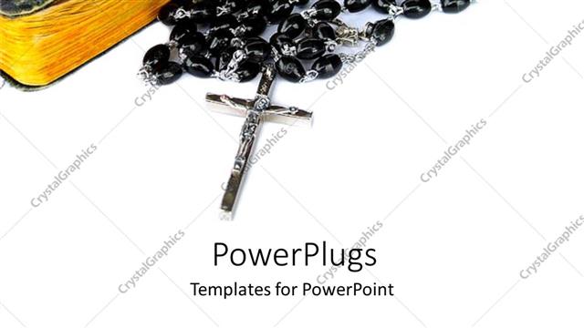 Presentation with crucifix - Rosary with black beads with crucifix beside Bible on white background?