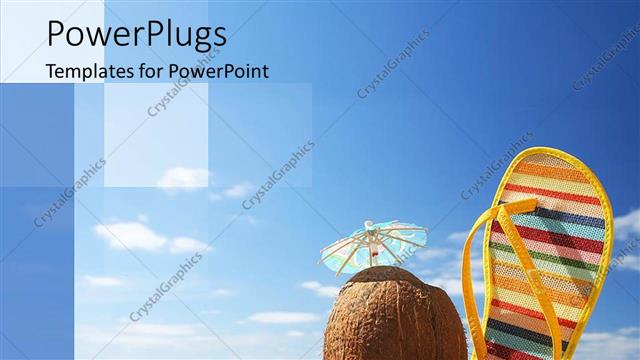  Presentation with slipper - Round sunglasses with blue lens, coconut drink with umbrella and yellow with colorful stripes slipper in the sand on the beach and sea with light blue sky background