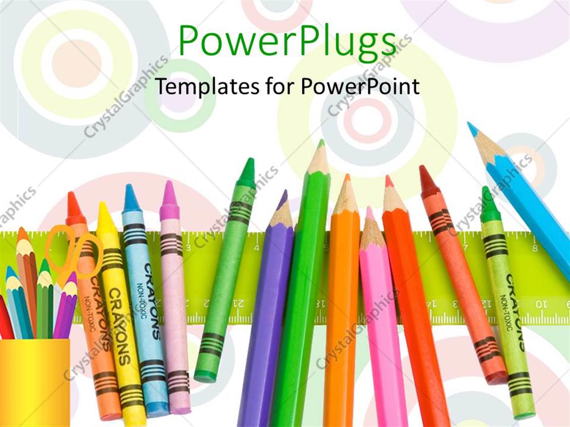 PowerPoint Template Row of colorful crayons on green ruler with circles in background (7758)