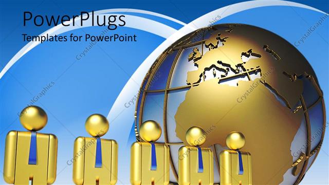  Presentation with blue gold - Row of gold figures in blue neck ties next to globe