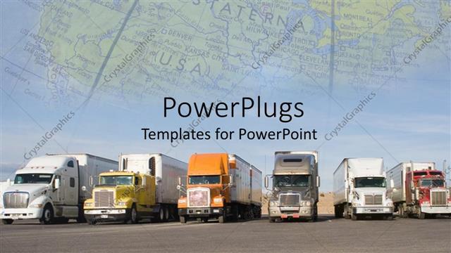  Presentation with trucks - Row of large diesel trucks with globe in background