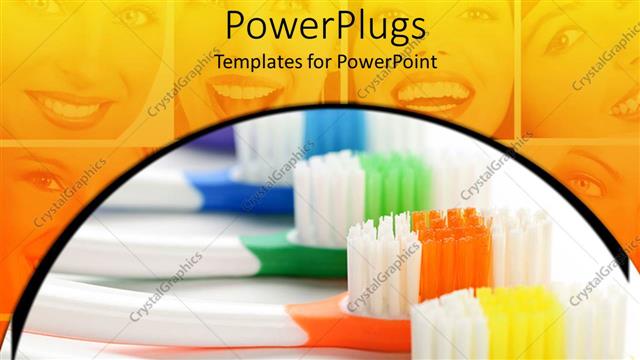  Presentation with faces - Row of multicolored toothbrushes in front of smiling faces