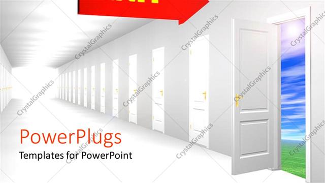  Presentation with dreams - Row of white closed doors with one opened door and red arrow sign with yellow exit pointing to the open door