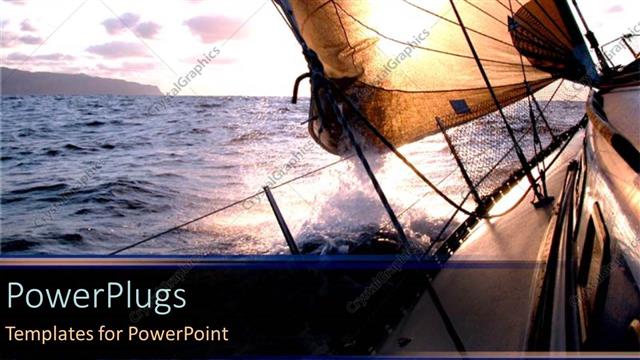  Presentation with blue waves - Sailing boat on ocean with waves at sunset with clouds for a traveler as a metaphor on a blue background