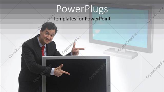  Presentation with advertising - Sales man in black suit and red?tie selling television