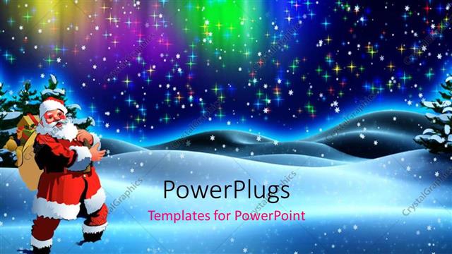  Presentation with new year - Santa Claus with gift bag in snow field over colorful background?