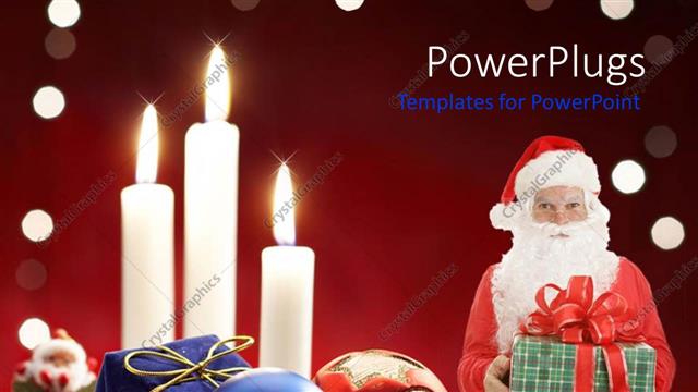  Presentation with white candles - Santa Claus holding gift next to Christmas decorations and three burning white candles
