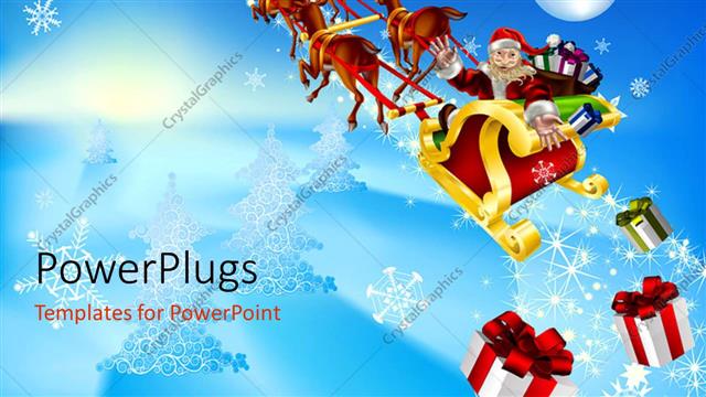  Presentation with santa - Santa Claus riding in Christmas Sleigh with falling gift box on blue surface