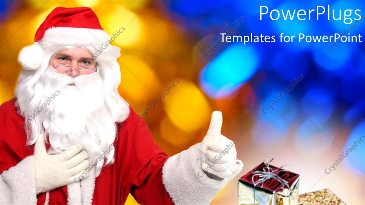 Featuring Santa Claus Showing Thumbs Up with Christmas Gift Boxes 