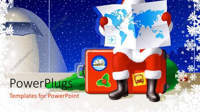  Presentation with world travel - A santa reading the map of the world with airplane in the background