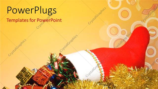  Presentation with socks - Santa socks filled with christmas presents on orange background