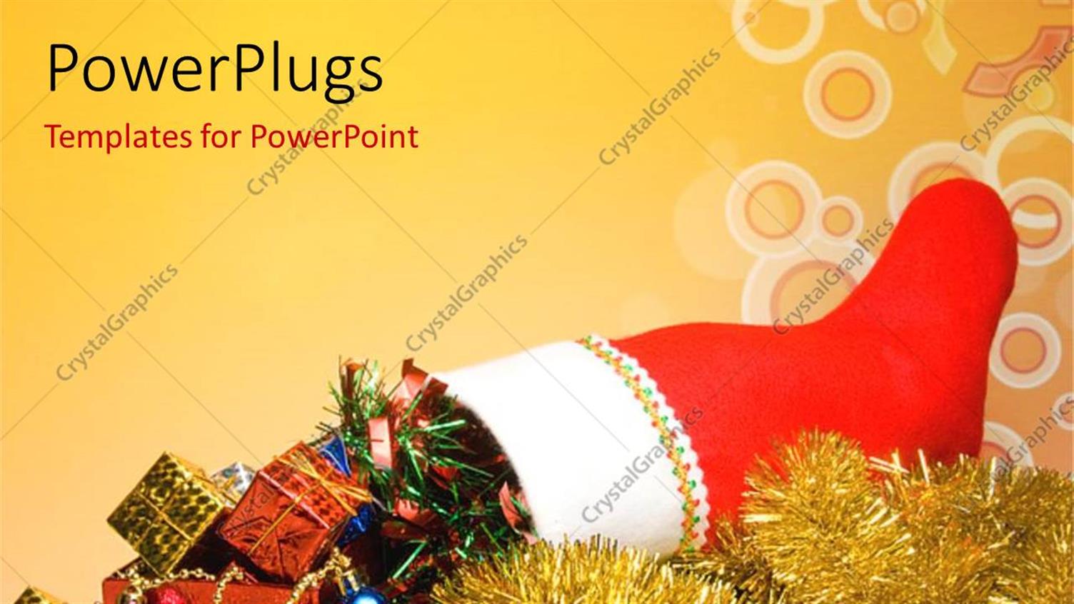 Featuring Santa Socks Filled with Christmas Presents on Orange Background