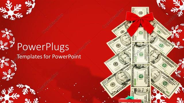  Presentation with holidays - Saving money for the holidays metaphor with Christmas tree made of dollar bills, red and white snowflake ornaments