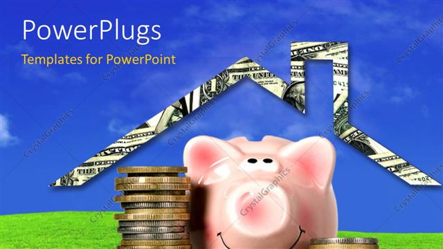  Presentation with piggy bank - Saving piggy bank smiling near stack of coins with landscape