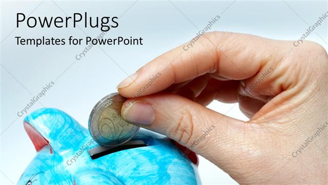  Presentation with piggy bank - Savings depiction with hand dropping gold coin in blue piggy bank