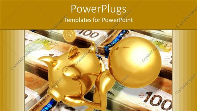  Presentation with gold investment - Savings metaphor with gold person carrying piggy bank on stacks of currency