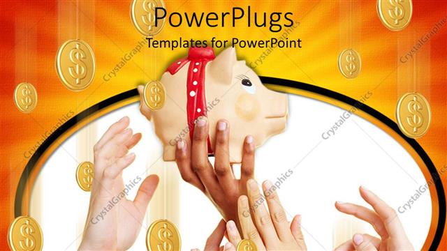  Presentation with piggy bank - Savings metaphor with hands reaching for piggy bank coins falling from overhead
