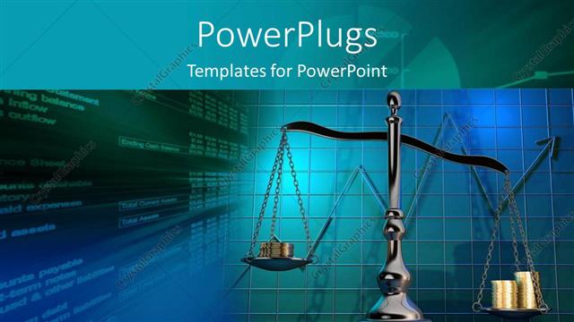 Presentation with weighing scale - Scale of justice weighing issues money finances investment charts graphs blue