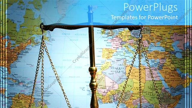  Presentation with world map - Scales of justice in front of world map