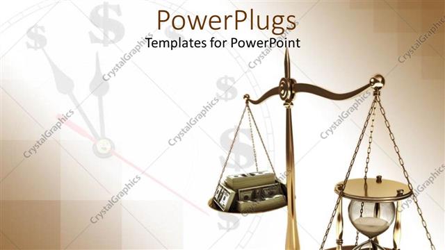  Presentation with case - Scales of justice with hourglass opposite stack of case against clock background with dollar signs