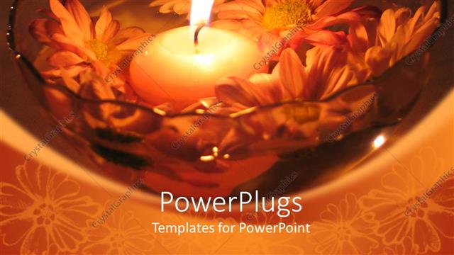  Presentation with scented candle - A scented lit candle in a bowl with water and flowers