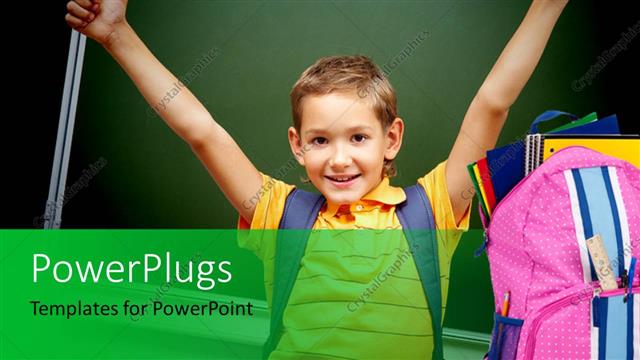  Presentation with back school - School depiction with young kid dressed for school and learning tools