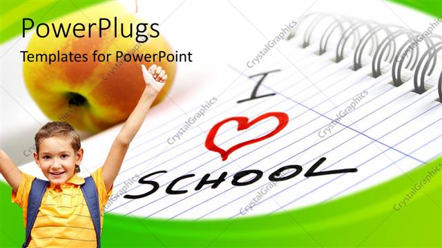  Presentation with school - Little girl dressed for school with large apple on open book