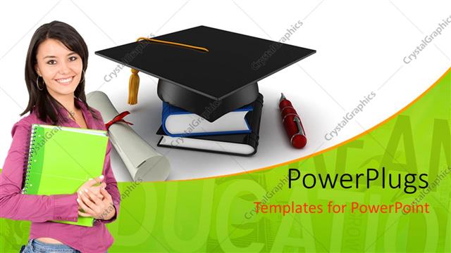  Presentation with school graduation - Learning depiction with smiling student and graduation cap on book pile