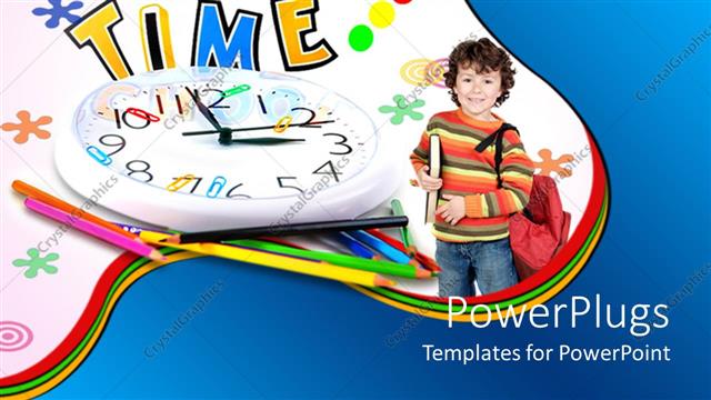  Presentation with ready - School kid ready for school on a white background with white clock