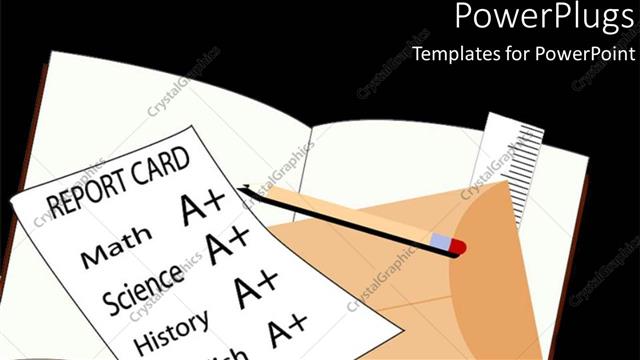  Presentation with history - School report card with A+ grades on math, science, history and English, with envelope, pencil, ruler and opened notebook on black background