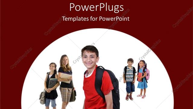  Presentation with students - School students carrying school bags and books smiling of a white background