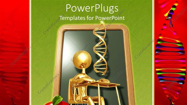  Presentation with apple - School theme, 3D golden figure sitting in the classroom in the bench, with chalkboard and white chalk apple and DNA strands