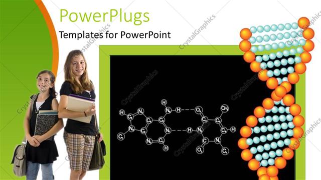  Presentation with dna black - School theme with black chalkboard showing chemical formula, DNA strand, two girl pupils holding books, notebooks and schoolbags
